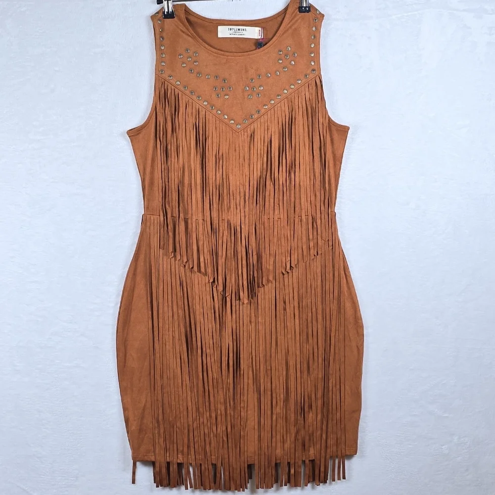 Idyllwind Garland Hippie Studded Fringe Faux Suede Sleeveless Mini Dress Sz.M - Picture 2 of 16